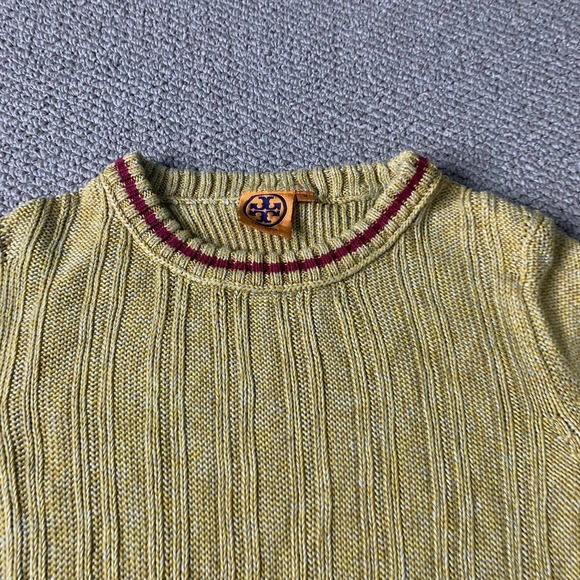 Tory Burch Womens Sweater Size Medium Yellow Chunky Knit Linen Short Sleeves - Picture 2 of 10